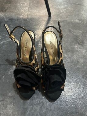ANTONIO MELANI Leopard Print Slingback Heels with Black Rosette
